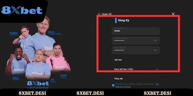 Đăng ký 8XBET bằng cách điền thông tin cá nhân